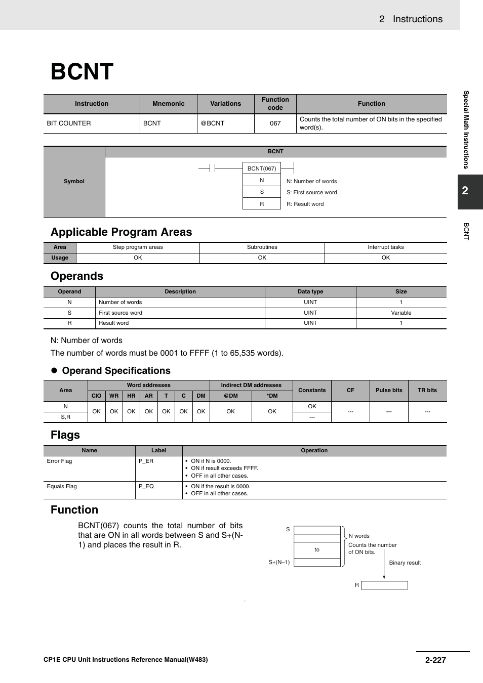 Bcnt, Applicable program areas operands, Flags function | 2 instructions, Operand specifications | Omron SYSMAC CP CP1E-N@@D@-@ User Manual | Page 263 / 467