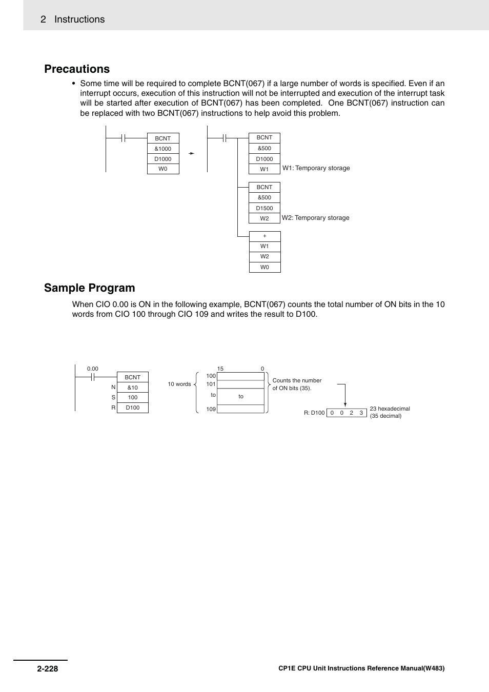 Precautions, Sample program, 2 instructions | Omron SYSMAC CP CP1E-N@@D@-@ User Manual | Page 264 / 467