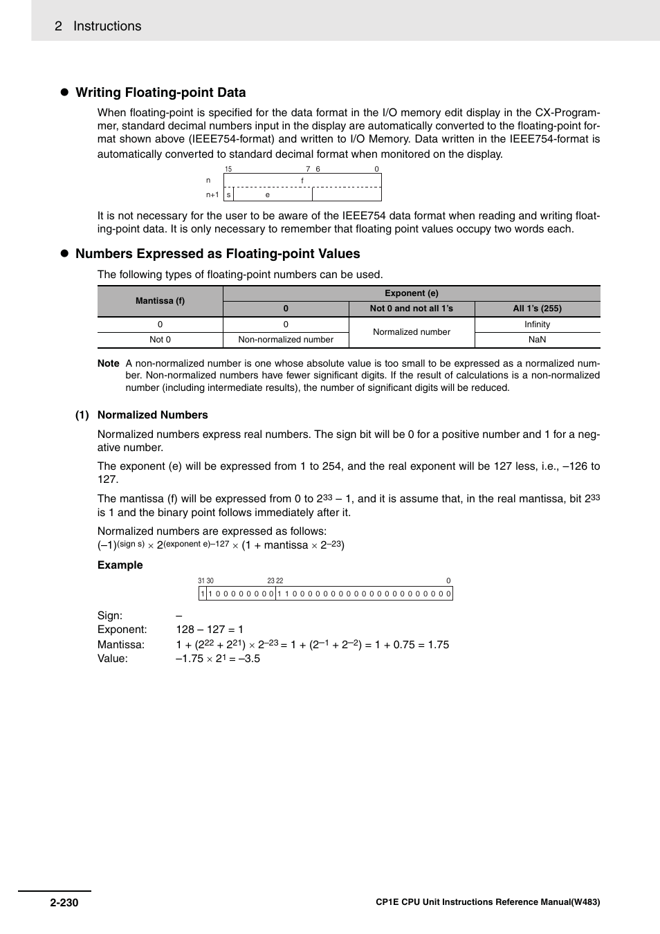 2 instructions, Writing floating-point data, Numbers expressed as floating-point values | Omron SYSMAC CP CP1E-N@@D@-@ User Manual | Page 266 / 467