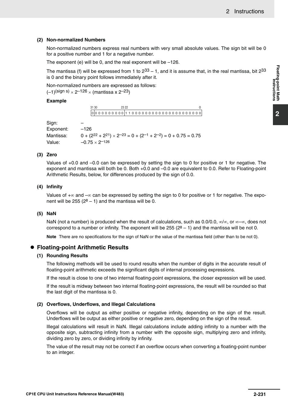 2 instructions, Floating-point arithmetic results | Omron SYSMAC CP CP1E-N@@D@-@ User Manual | Page 267 / 467