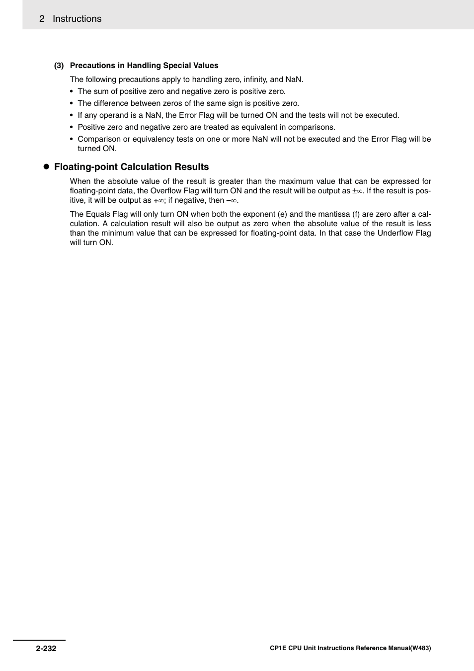 2 instructions, Floating-point calculation results | Omron SYSMAC CP CP1E-N@@D@-@ User Manual | Page 268 / 467
