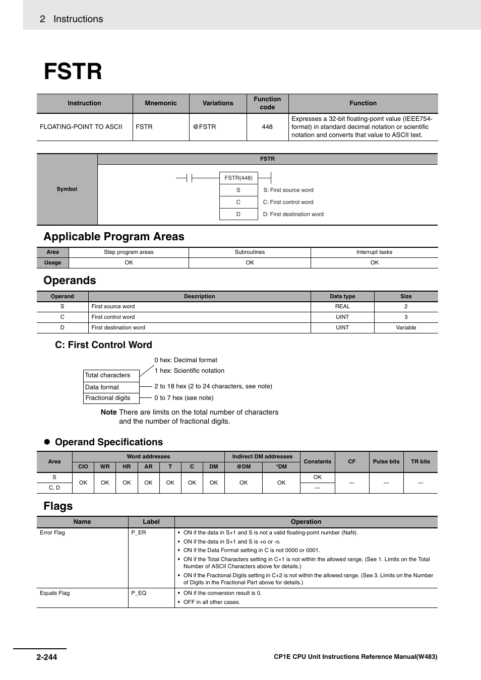 Fstr, Applicable program areas operands, Flags | 2 instructions, C: first control word operand specifications | Omron SYSMAC CP CP1E-N@@D@-@ User Manual | Page 280 / 467