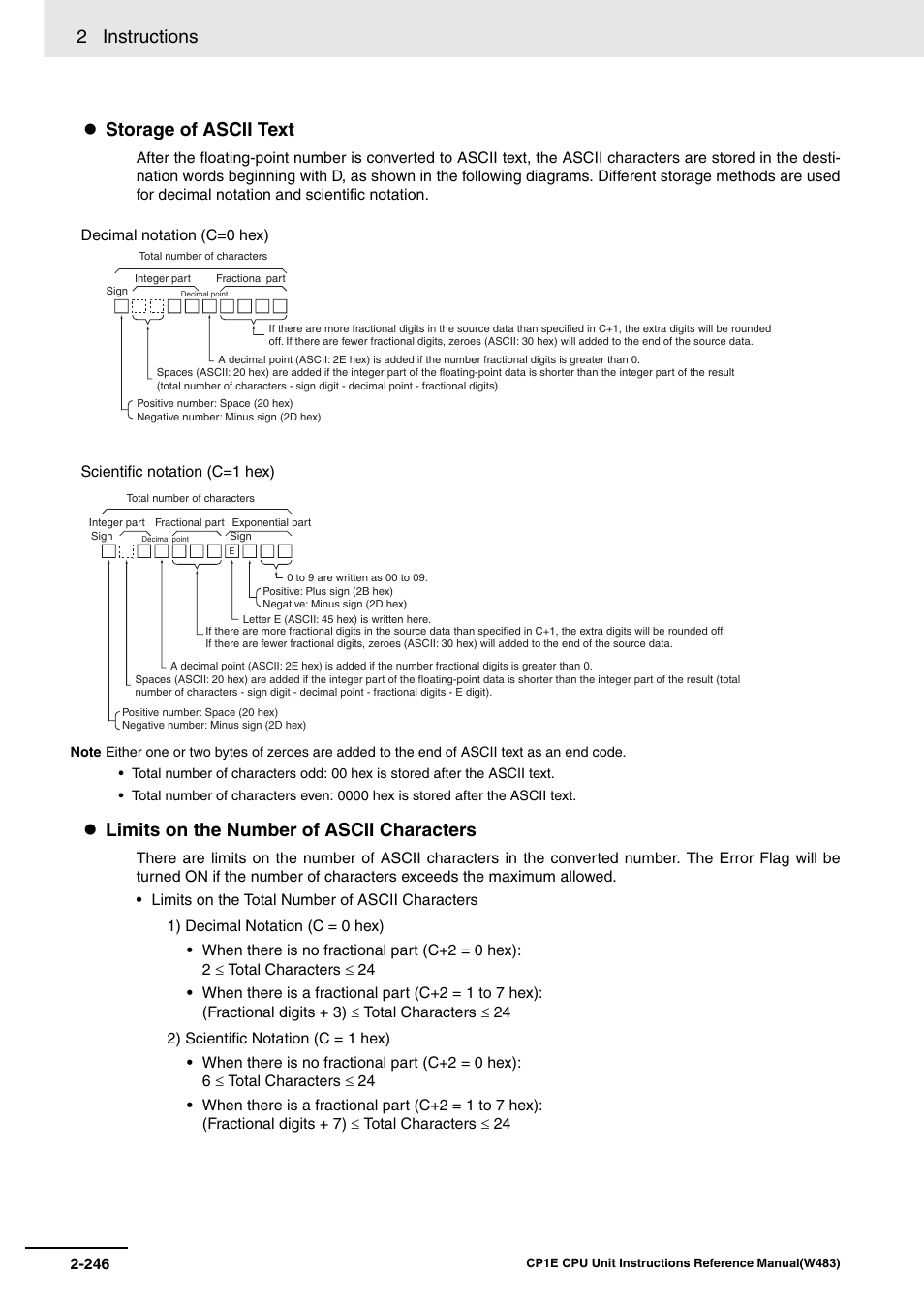 2 instructions, Storage of ascii text, Limits on the number of ascii characters | Omron SYSMAC CP CP1E-N@@D@-@ User Manual | Page 282 / 467