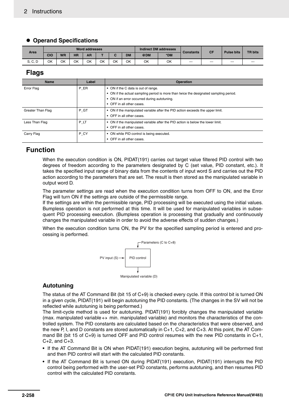 Flags function, 2 instructions, Operand specifications | Autotuning | Omron SYSMAC CP CP1E-N@@D@-@ User Manual | Page 294 / 467