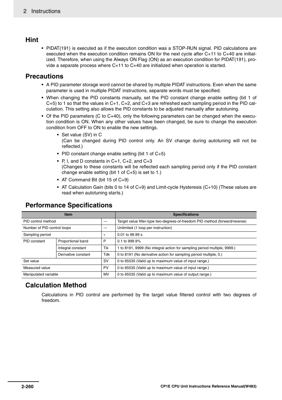 Hint, Precautions, Performance specifications calculation method | 2 instructions | Omron SYSMAC CP CP1E-N@@D@-@ User Manual | Page 296 / 467