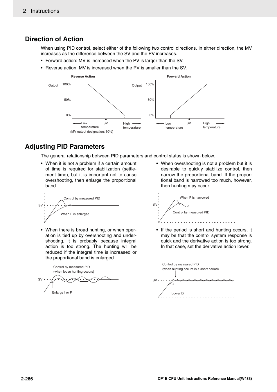 Direction of action, Adjusting pid parameters, 2 instructions | Omron SYSMAC CP CP1E-N@@D@-@ User Manual | Page 302 / 467