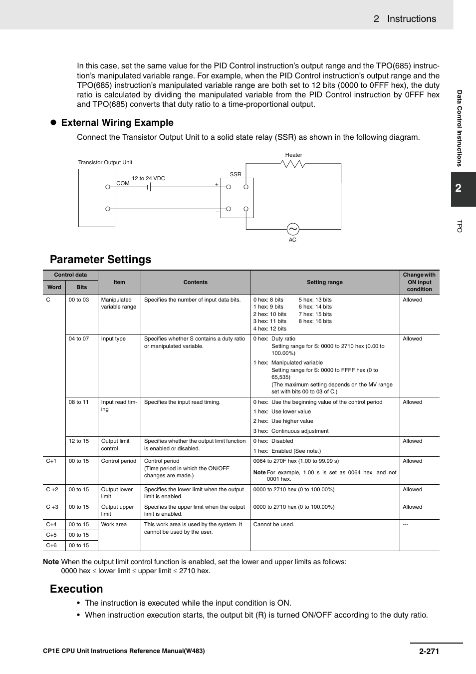 Parameter settings, Execution, 2 instructions | External wiring example | Omron SYSMAC CP CP1E-N@@D@-@ User Manual | Page 307 / 467