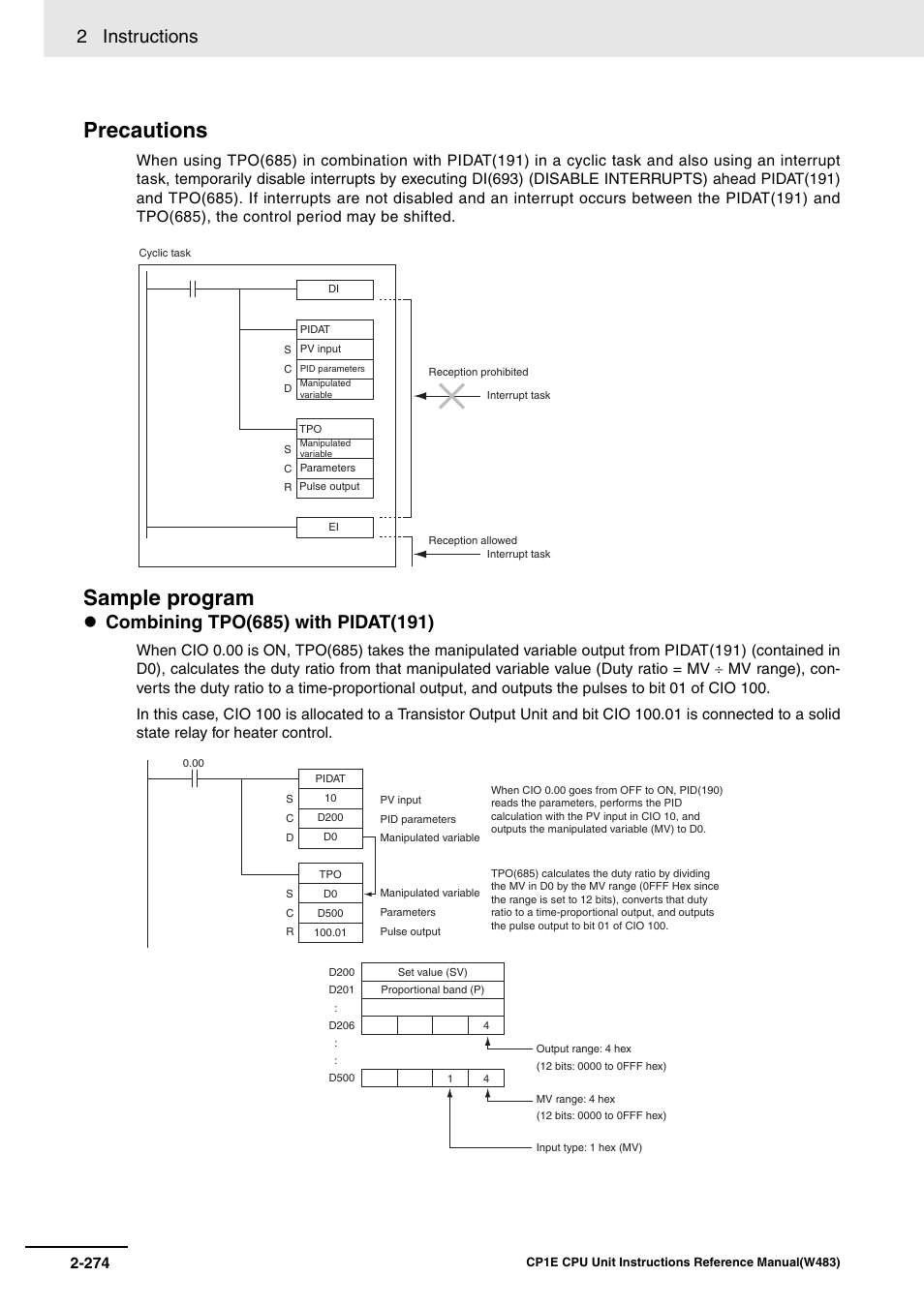 Precautions, Sample program, 2 instructions | Omron SYSMAC CP CP1E-N@@D@-@ User Manual | Page 310 / 467