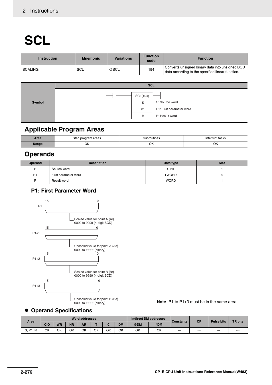 Applicable program areas operands, 2 instructions, P1: first parameter word operand specifications | Omron SYSMAC CP CP1E-N@@D@-@ User Manual | Page 312 / 467