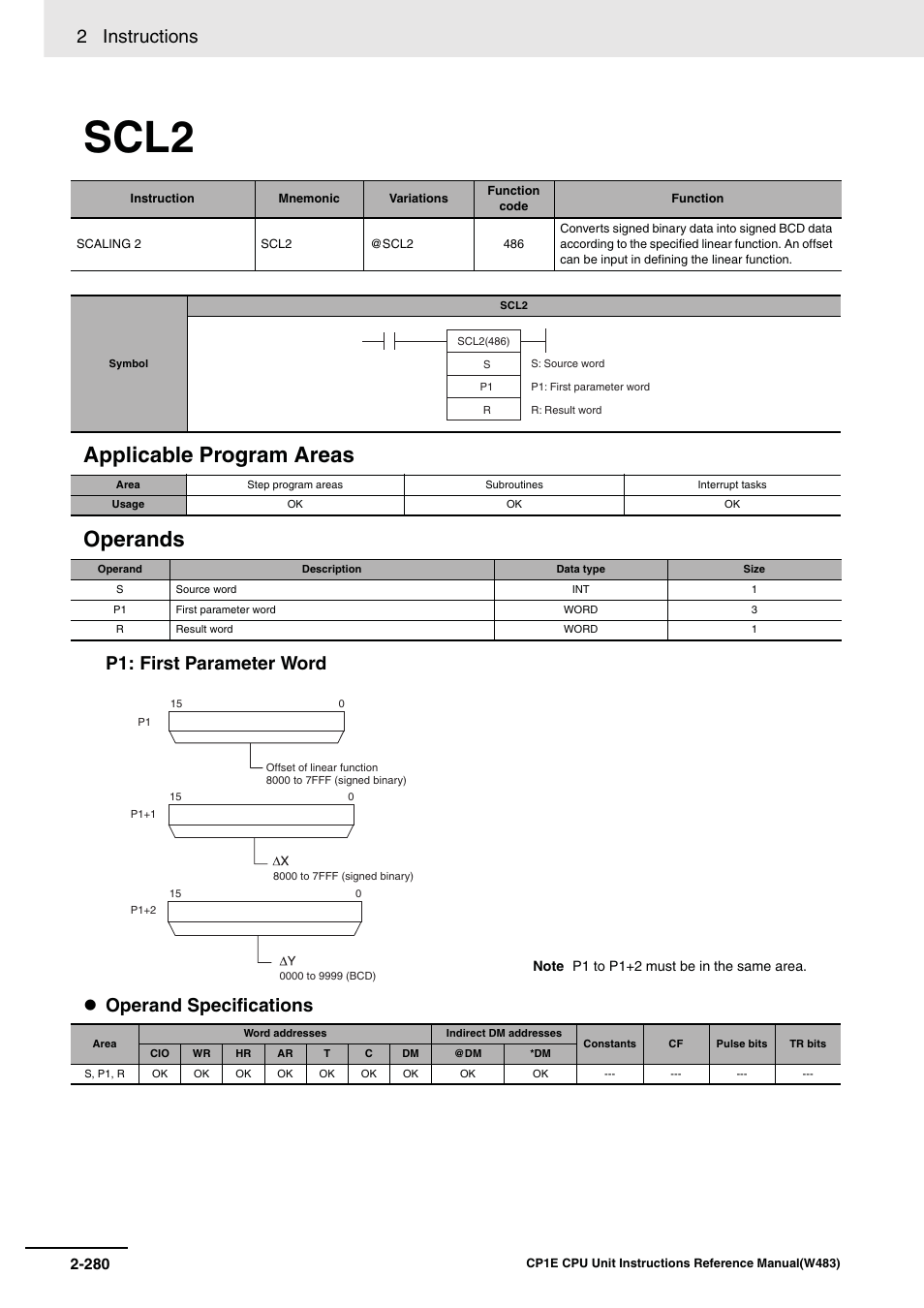 Scl2, Applicable program areas operands, 2 instructions | P1: first parameter word operand specifications | Omron SYSMAC CP CP1E-N@@D@-@ User Manual | Page 316 / 467