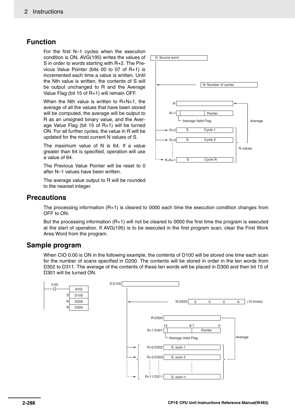Function precautions, Sample program, 2 instructions | Omron SYSMAC CP CP1E-N@@D@-@ User Manual | Page 324 / 467
