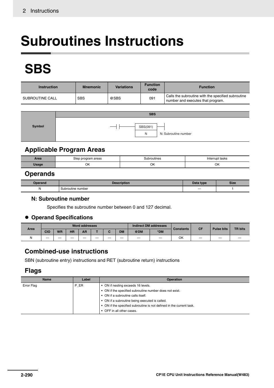 Subroutines instructions, Applicable program areas operands, Combined-use instructions | Flags, 2 instructions, N: subroutine number, Operand specifications | Omron SYSMAC CP CP1E-N@@D@-@ User Manual | Page 326 / 467