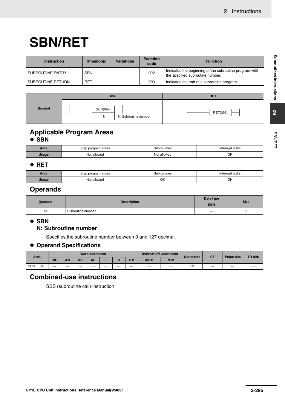 Sbn/ret, Applicable program areas, Operands | Combined-use instructions, 2 instructions, Sbn ret, Sbn n: subroutine number, Operand specifications | Omron SYSMAC CP CP1E-N@@D@-@ User Manual | Page 331 / 467