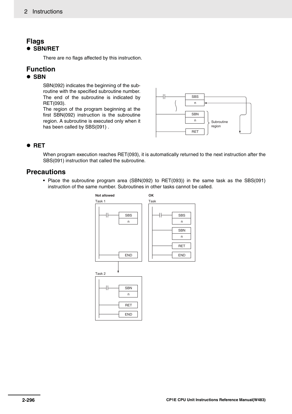 Flags, Function, Precautions | 2 instructions, Sbn/ret, Sbn ret | Omron SYSMAC CP CP1E-N@@D@-@ User Manual | Page 332 / 467