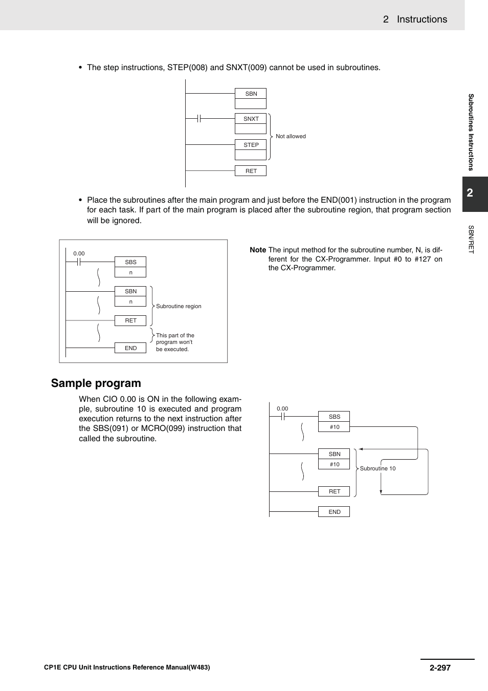 Sample program, 2 instructions | Omron SYSMAC CP CP1E-N@@D@-@ User Manual | Page 333 / 467