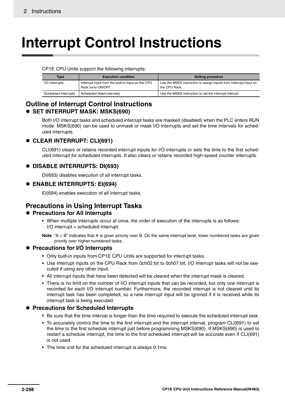 Interrupt control instructions, Outline of interrupt control instructions, Precautions in using interrupt tasks | Omron SYSMAC CP CP1E-N@@D@-@ User Manual | Page 334 / 467