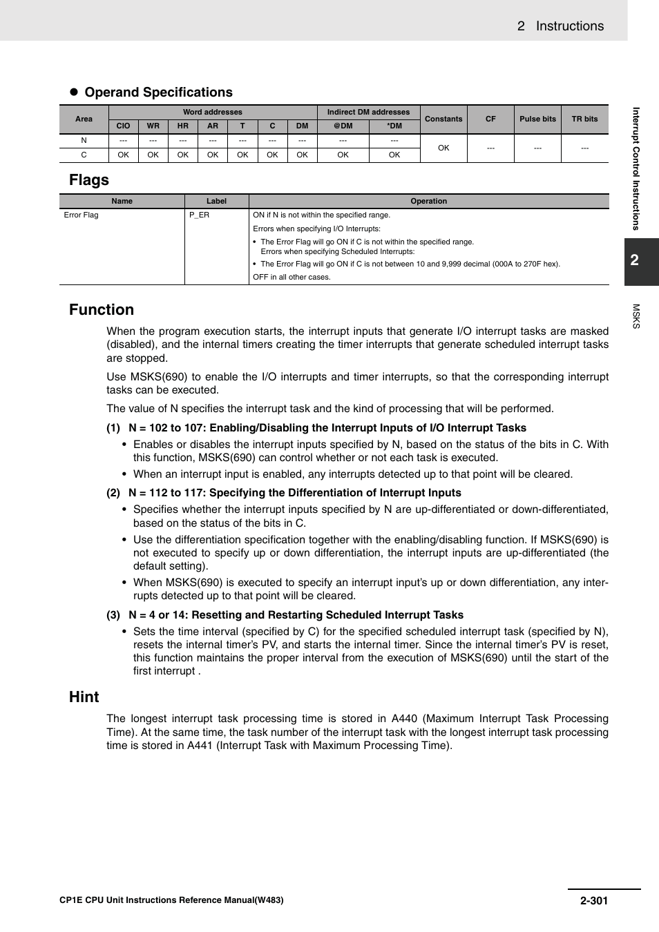 Flags function, Hint, 2 instructions | Operand specifications | Omron SYSMAC CP CP1E-N@@D@-@ User Manual | Page 337 / 467