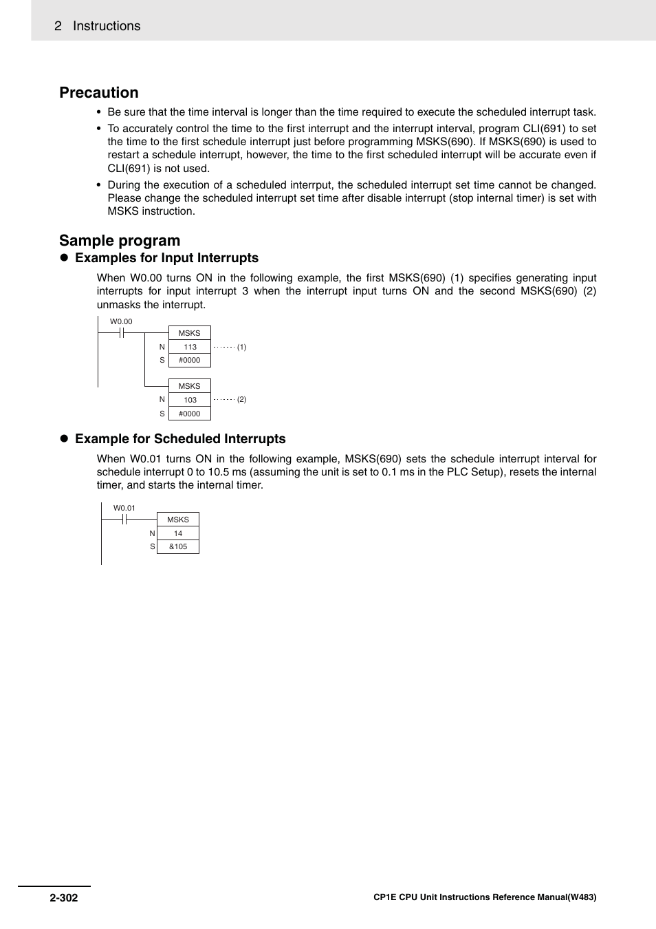 Precaution, Sample program, 2 instructions | Examples for input interrupts, Example for scheduled interrupts | Omron SYSMAC CP CP1E-N@@D@-@ User Manual | Page 338 / 467