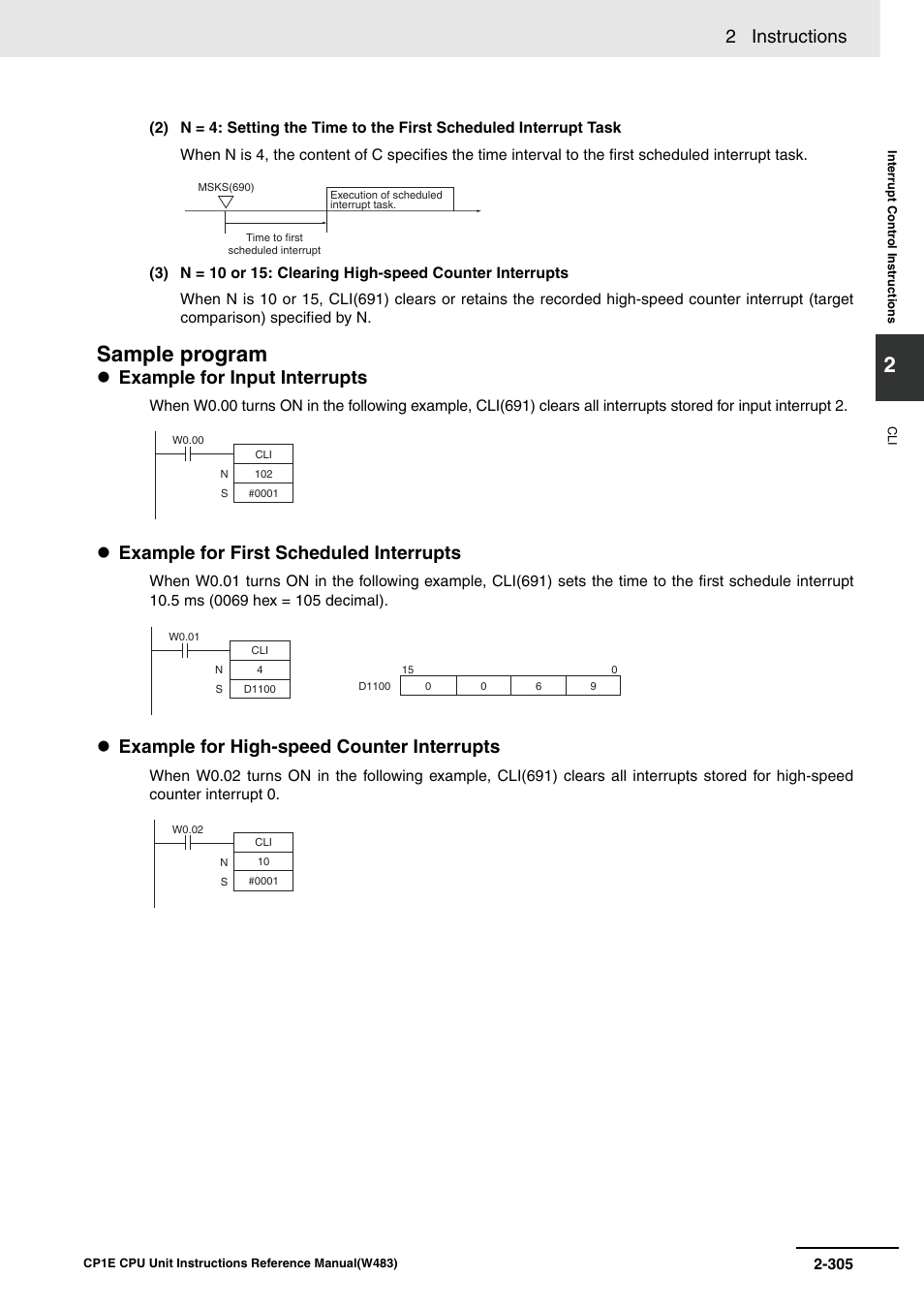 Sample program, 2 instructions, Example for input interrupts | Example for first scheduled interrupts, Example for high-speed counter interrupts | Omron SYSMAC CP CP1E-N@@D@-@ User Manual | Page 341 / 467