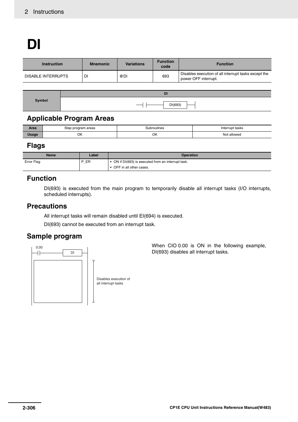 Applicable program areas flags function, Precautions, Sample program | 2 instructions | Omron SYSMAC CP CP1E-N@@D@-@ User Manual | Page 342 / 467