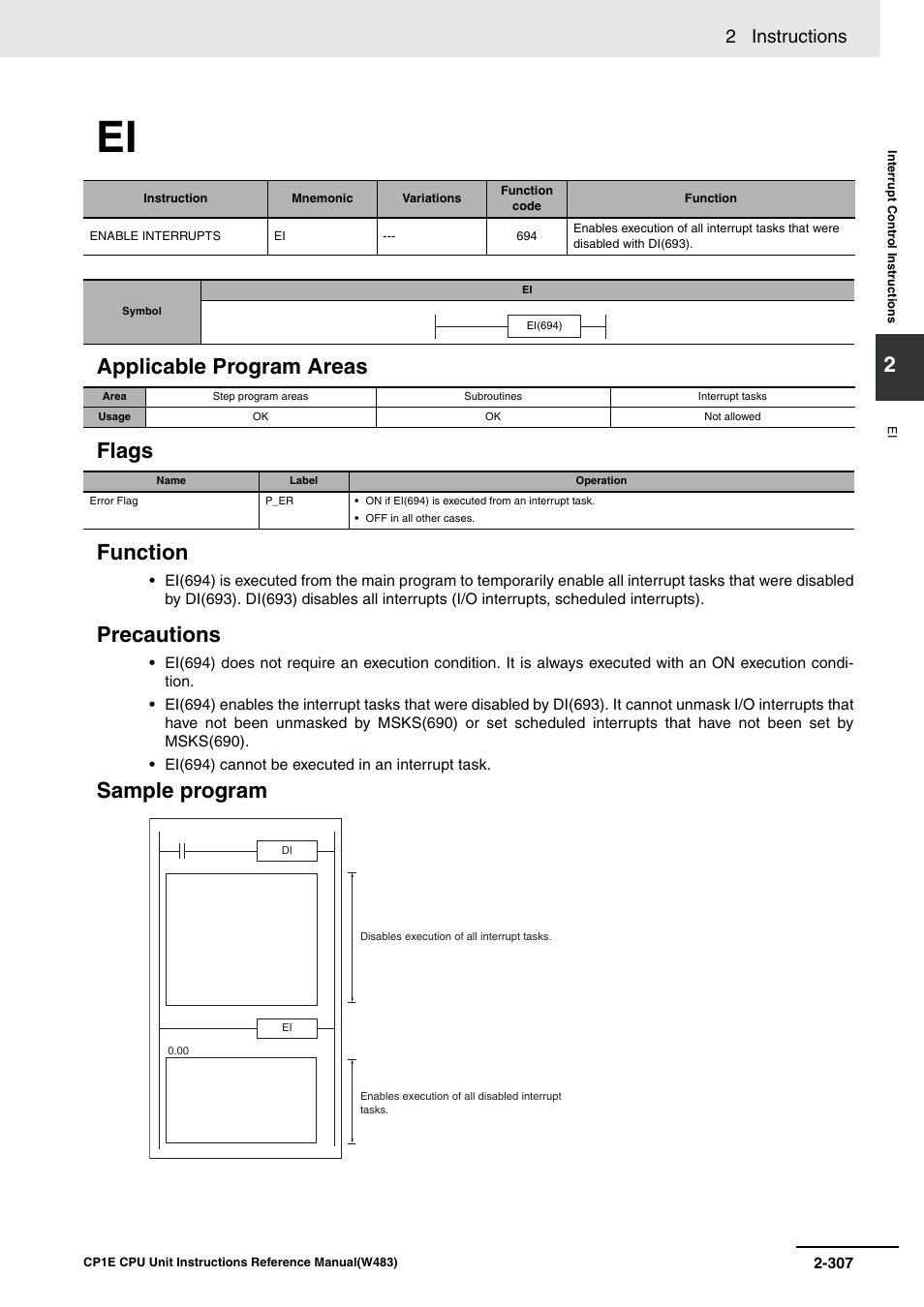 Applicable program areas flags function, Precautions, Sample program | 2 instructions | Omron SYSMAC CP CP1E-N@@D@-@ User Manual | Page 343 / 467