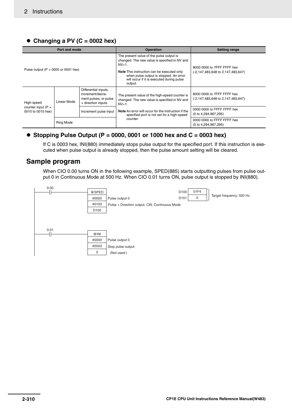 Sample program, 2 instructions | Omron SYSMAC CP CP1E-N@@D@-@ User Manual | Page 346 / 467