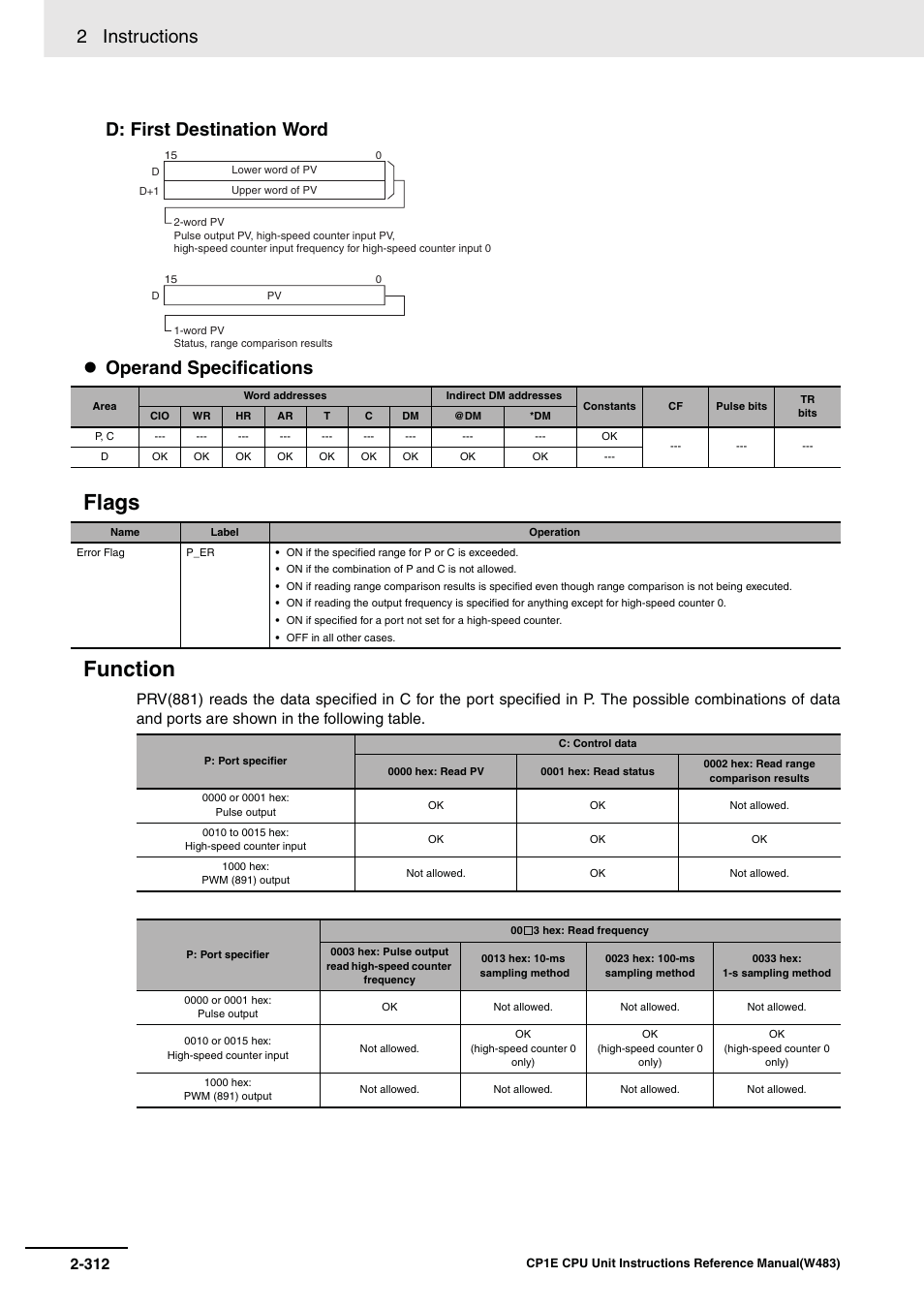 Flags function, 2 instructions, D: first destination word operand specifications | Omron SYSMAC CP CP1E-N@@D@-@ User Manual | Page 348 / 467