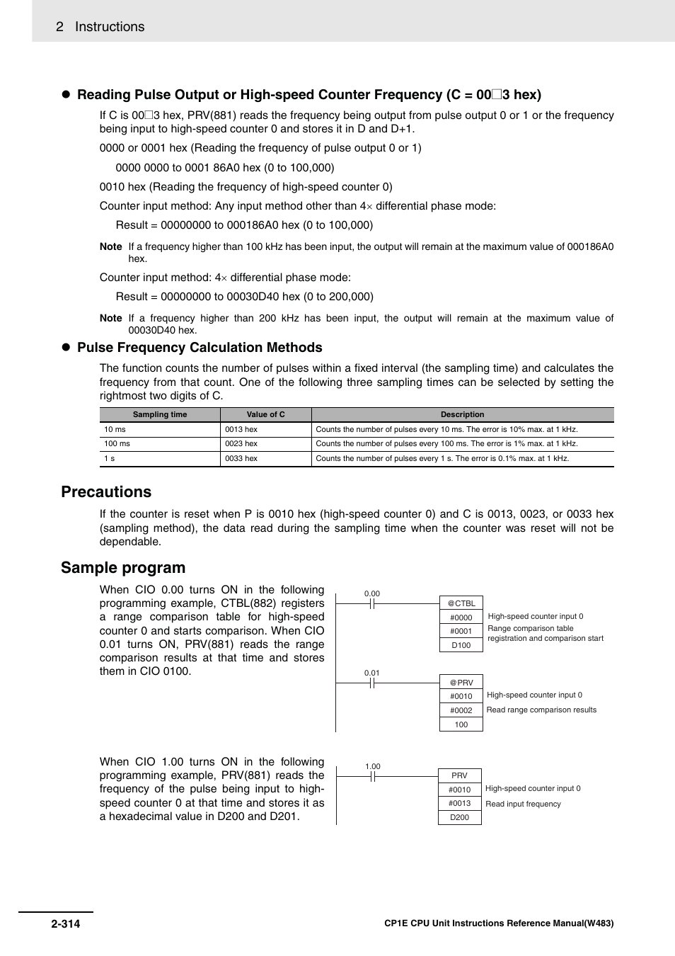 Precautions, Sample program, 2 instructions | Pulse frequency calculation methods | Omron SYSMAC CP CP1E-N@@D@-@ User Manual | Page 350 / 467