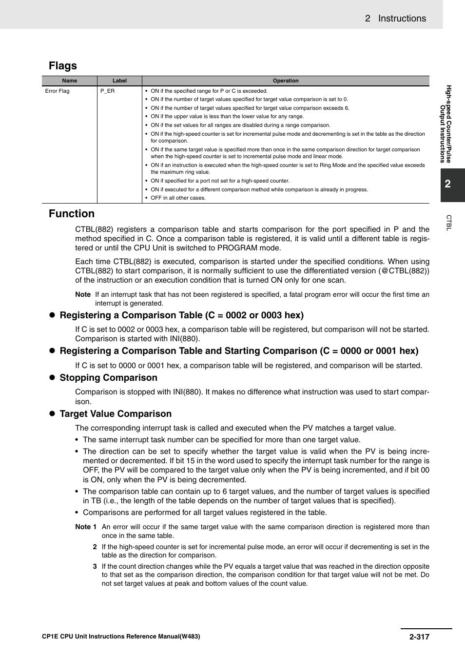 Flags function, 2 instructions, Stopping comparison | Target value comparison | Omron SYSMAC CP CP1E-N@@D@-@ User Manual | Page 353 / 467