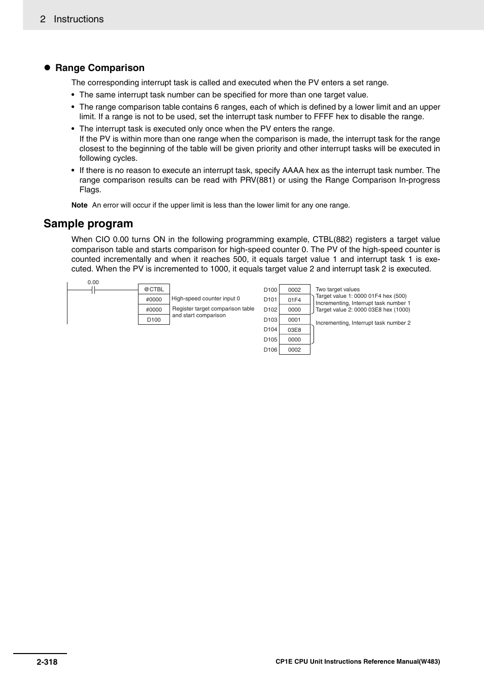 Sample program, 2 instructions, Range comparison | Omron SYSMAC CP CP1E-N@@D@-@ User Manual | Page 354 / 467