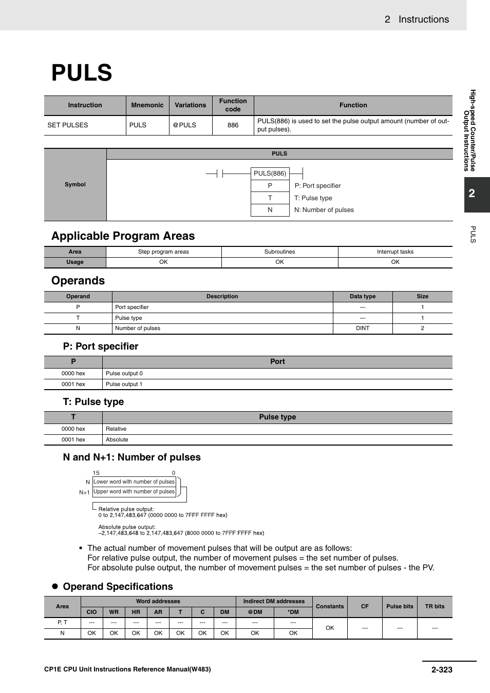 Puls, Applicable program areas operands, 2 instructions | Operand specifications | Omron SYSMAC CP CP1E-N@@D@-@ User Manual | Page 359 / 467
