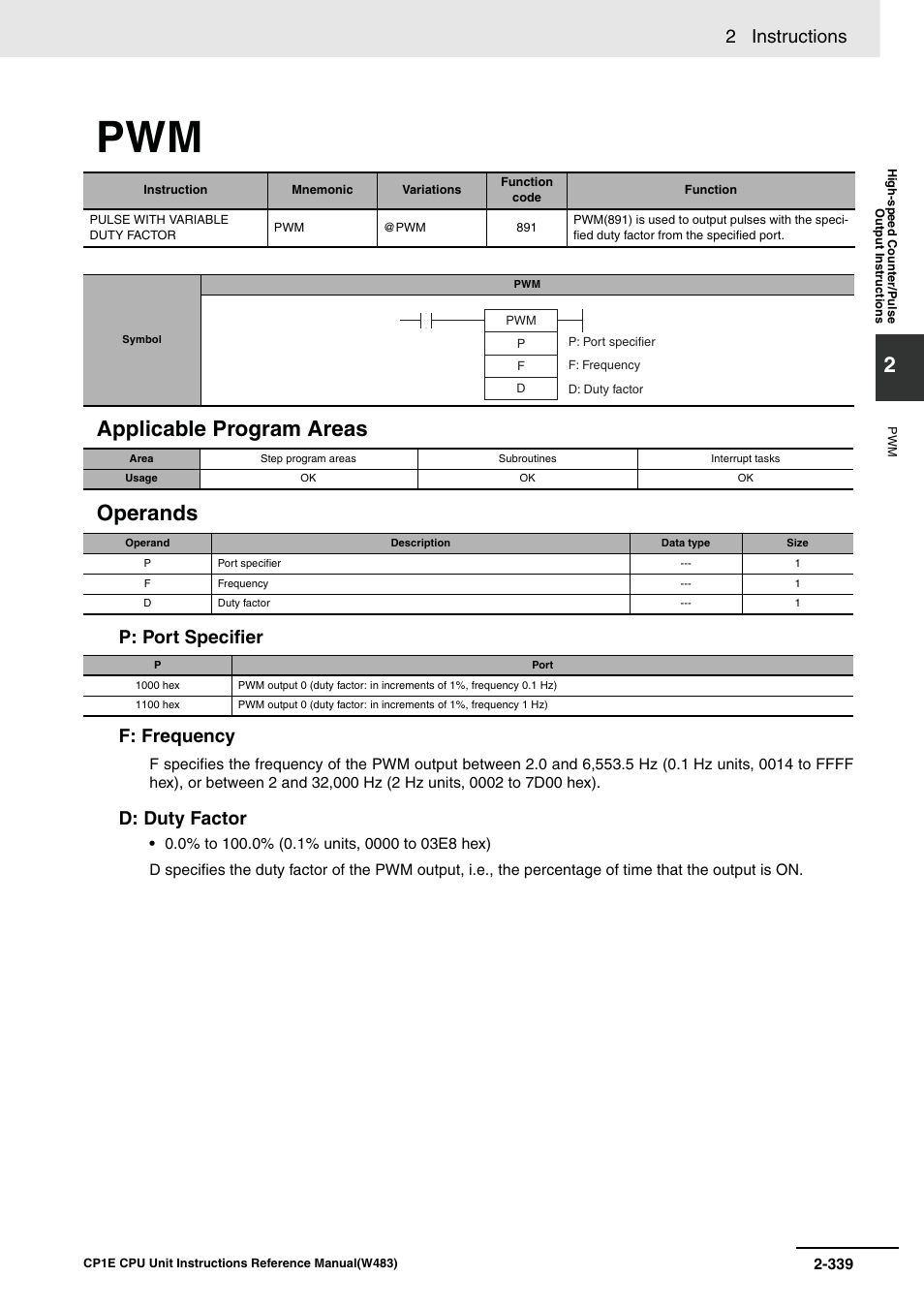 Applicable program areas operands, 2 instructions, P: port specifier f: frequency | D: duty factor | Omron SYSMAC CP CP1E-N@@D@-@ User Manual | Page 375 / 467