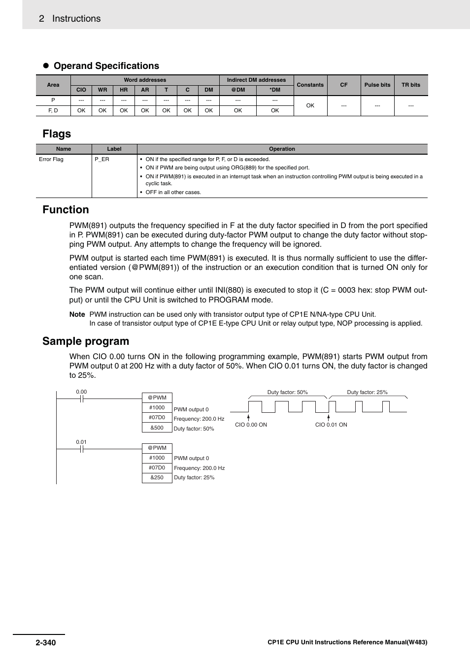 Flags function, Sample program, 2 instructions | Operand specifications | Omron SYSMAC CP CP1E-N@@D@-@ User Manual | Page 376 / 467