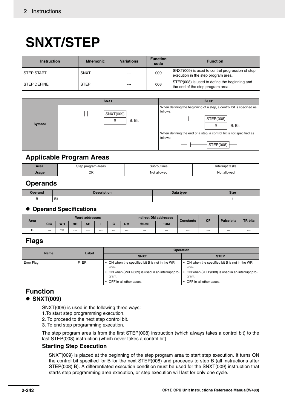 Snxt/step, Applicable program areas operands, Flags function | 2 instructions, Operand specifications, Snxt(009), Starting step execution | Omron SYSMAC CP CP1E-N@@D@-@ User Manual | Page 378 / 467