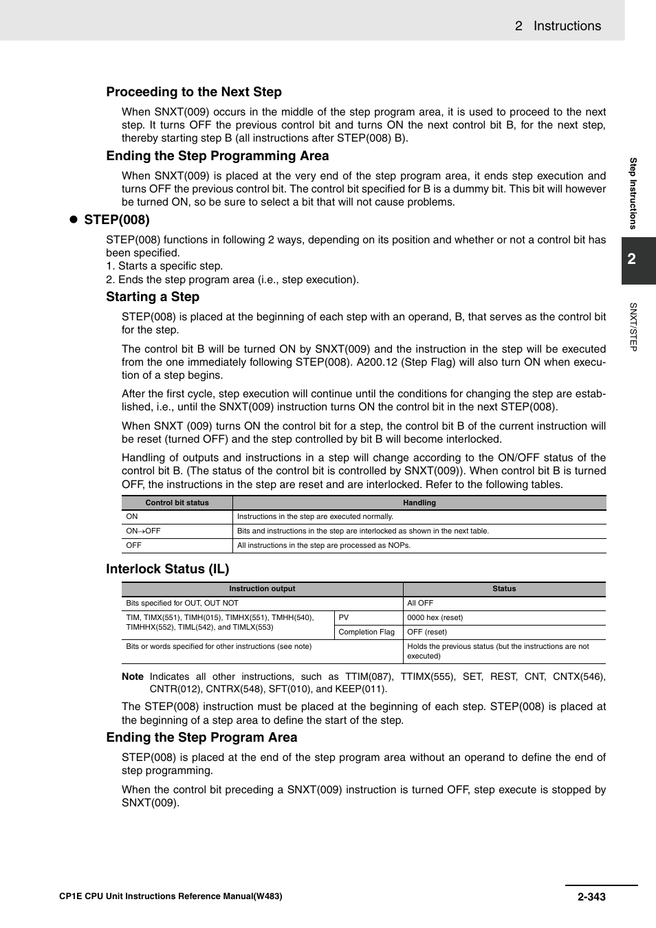 2 instructions, Proceeding to the next step, Ending the step programming area | Step(008), Starting a step, Interlock status (il), Ending the step program area | Omron SYSMAC CP CP1E-N@@D@-@ User Manual | Page 379 / 467