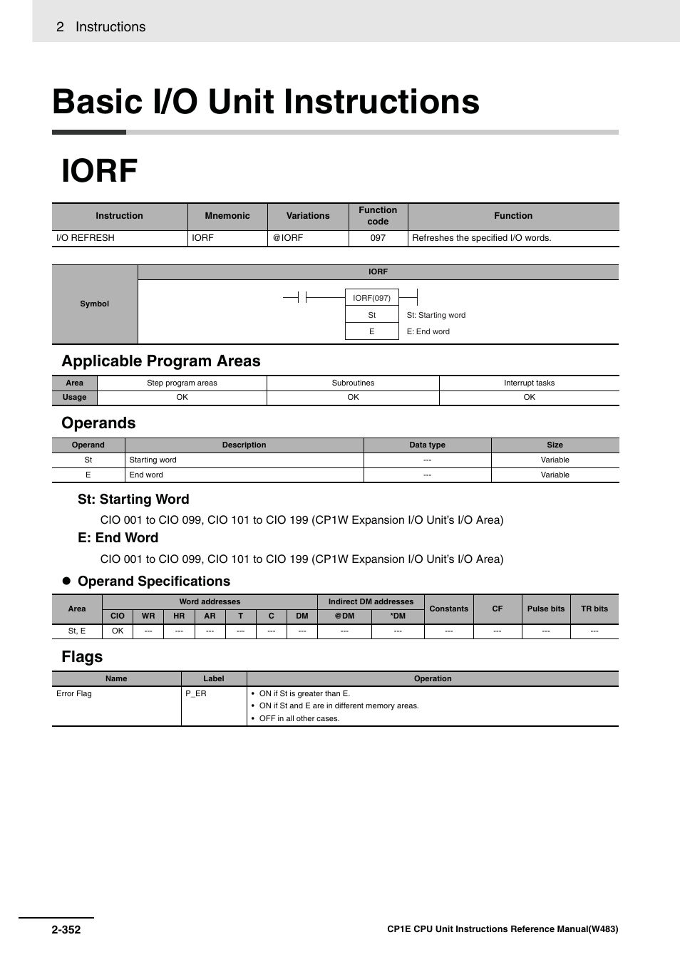 Basic i/o unit instructions, Iorf, Applicable program areas operands | Flags, 2 instructions, St: starting word, E: end word, Operand specifications | Omron SYSMAC CP CP1E-N@@D@-@ User Manual | Page 388 / 467