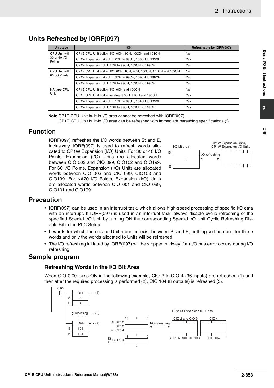 Units refreshed by iorf(097), Function precaution, Sample program | 2 instructions, Refreshing words in the i/o bit area | Omron SYSMAC CP CP1E-N@@D@-@ User Manual | Page 389 / 467