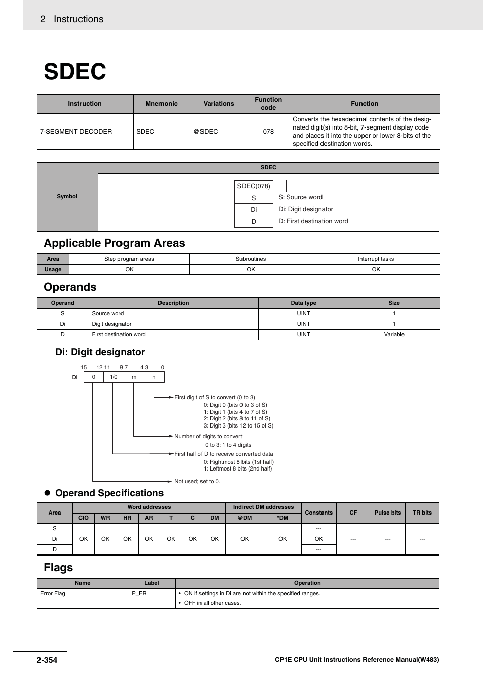 Sdec, Applicable program areas operands, Flags | 2 instructions, Di: digit designator operand specifications | Omron SYSMAC CP CP1E-N@@D@-@ User Manual | Page 390 / 467