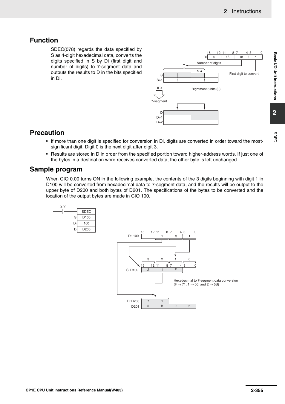 Function precaution, Sample program, 2 instructions | Omron SYSMAC CP CP1E-N@@D@-@ User Manual | Page 391 / 467