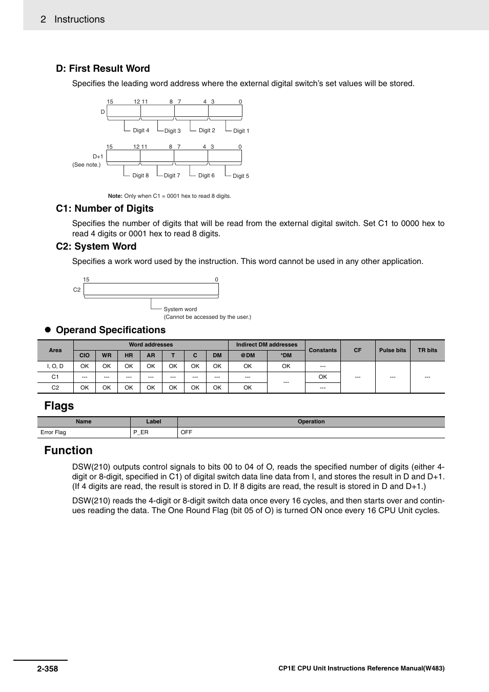 Flags function, 2 instructions, D: first result word | C1: number of digits, C2: system word, Operand specifications | Omron SYSMAC CP CP1E-N@@D@-@ User Manual | Page 394 / 467