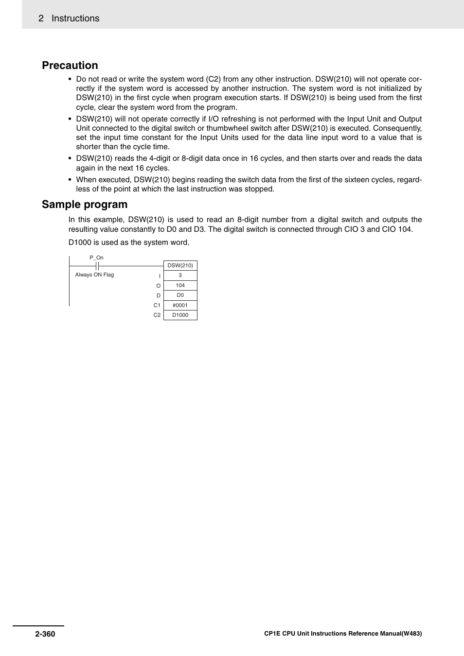 Precaution, Sample program, 2 instructions | Omron SYSMAC CP CP1E-N@@D@-@ User Manual | Page 396 / 467