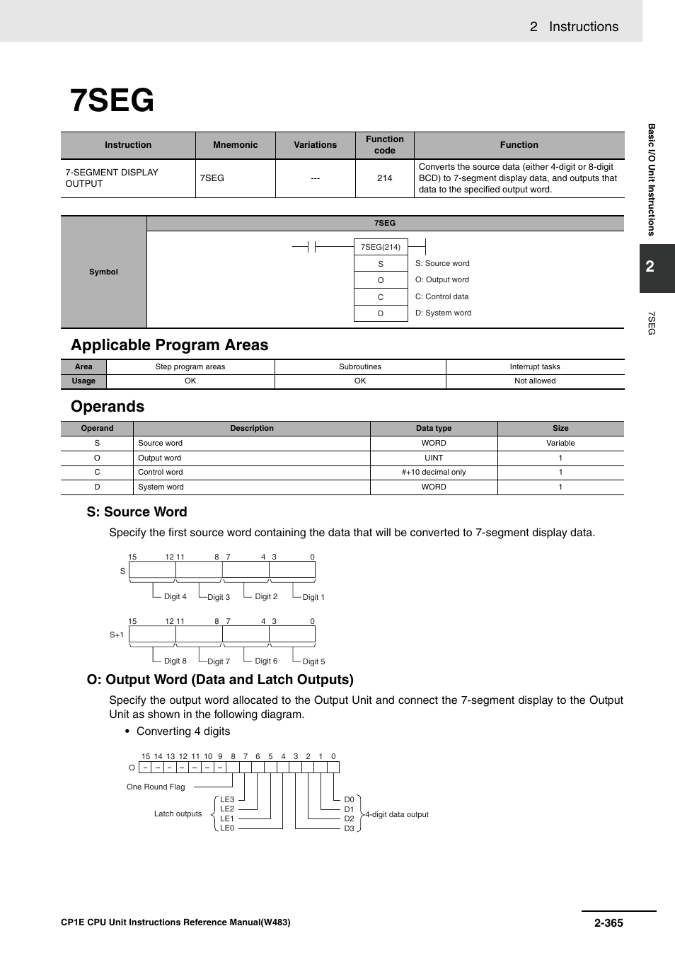 7seg, Applicable program areas operands, 2 instructions | S: source word, O: output word (data and latch outputs) | Omron SYSMAC CP CP1E-N@@D@-@ User Manual | Page 401 / 467