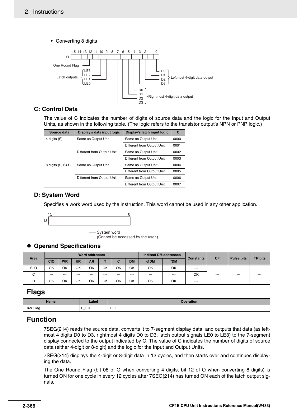 Flags function, 2 instructions, C: control data | D: system word, Operand specifications | Omron SYSMAC CP CP1E-N@@D@-@ User Manual | Page 402 / 467