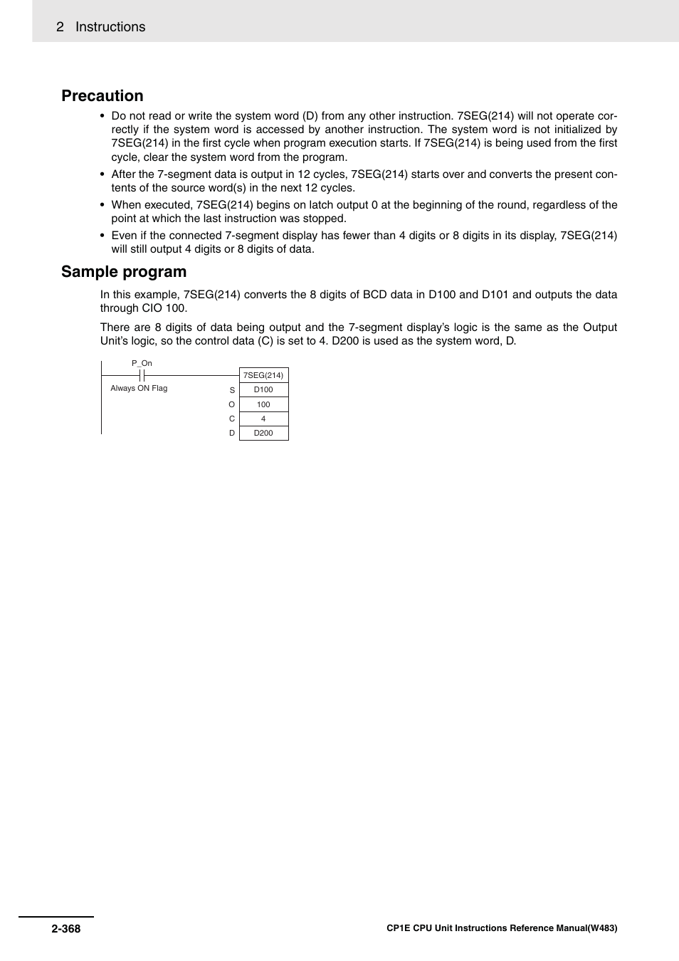 Precaution, Sample program, 2 instructions | Omron SYSMAC CP CP1E-N@@D@-@ User Manual | Page 404 / 467