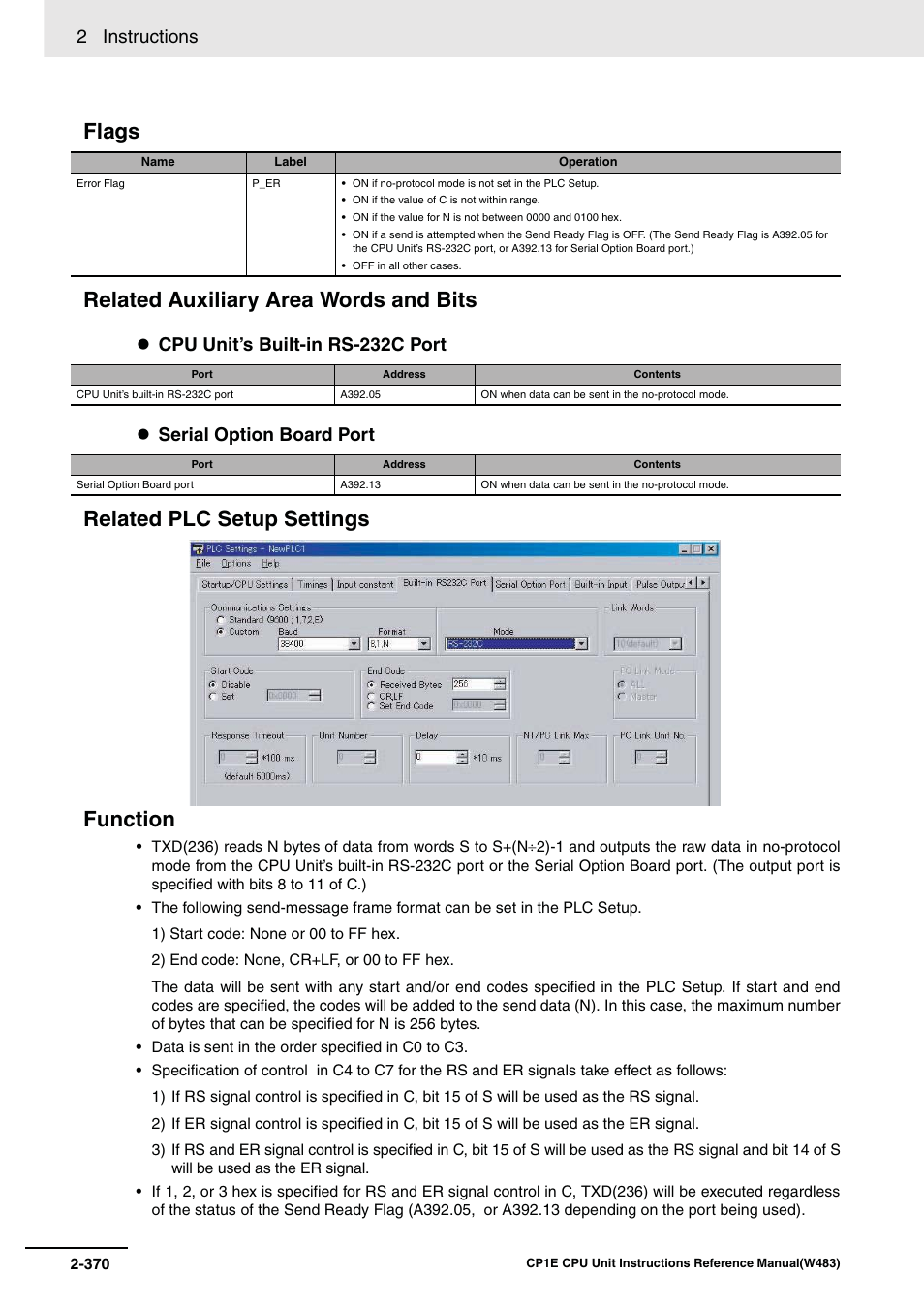 Flags related auxiliary area words and bits, Related plc setup settings function, 2 instructions | Omron SYSMAC CP CP1E-N@@D@-@ User Manual | Page 406 / 467