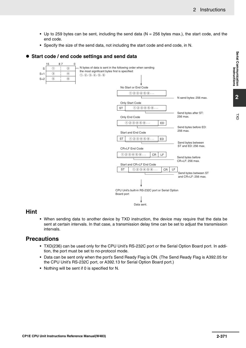 Hint, Precautions, 2 instructions | Start code / end code settings and send data | Omron SYSMAC CP CP1E-N@@D@-@ User Manual | Page 407 / 467