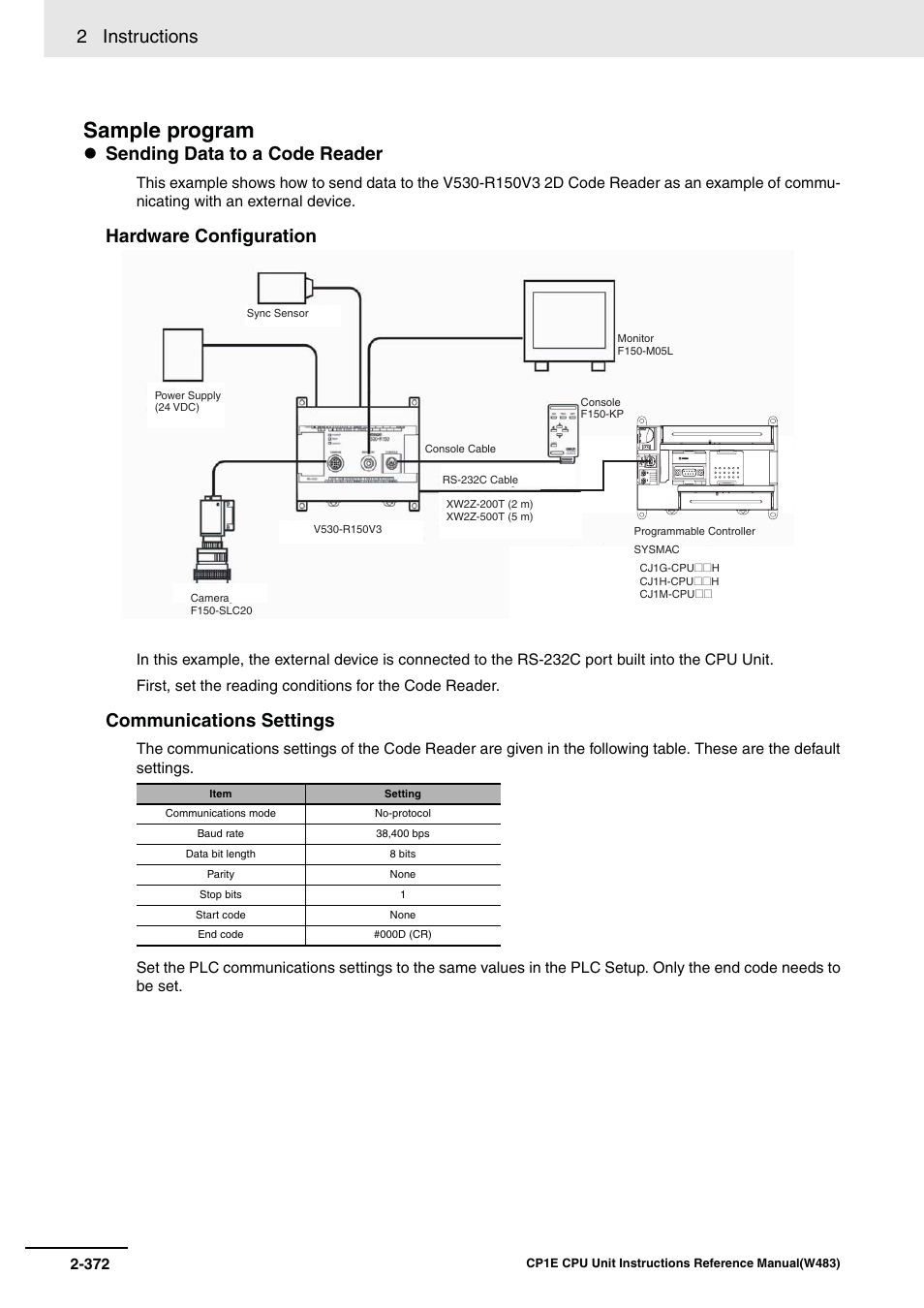 Sample program, 2 instructions, Sending data to a code reader | Hardware configuration, Communications settings | Omron SYSMAC CP CP1E-N@@D@-@ User Manual | Page 408 / 467