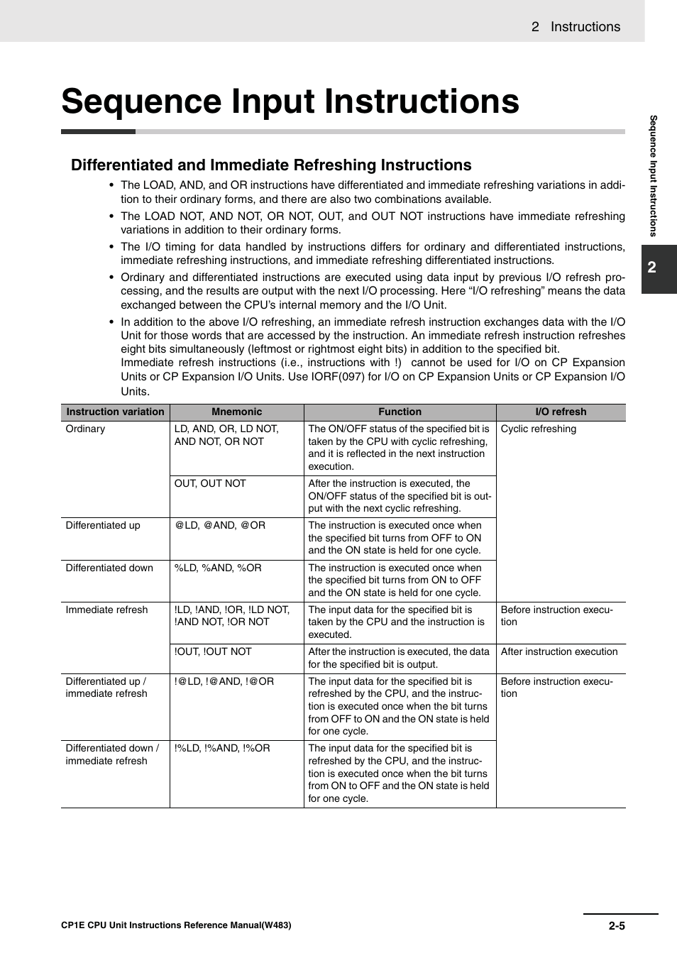 Sequence input instructions, 2 instructions | Omron SYSMAC CP CP1E-N@@D@-@ User Manual | Page 41 / 467