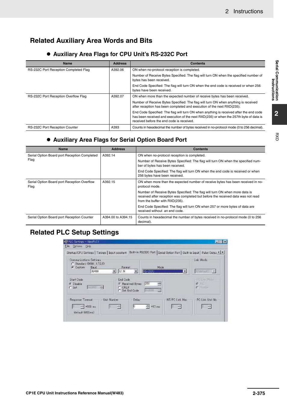 Related auxiliary area words and bits, Related plc setup settings, 2 instructions | Omron SYSMAC CP CP1E-N@@D@-@ User Manual | Page 411 / 467