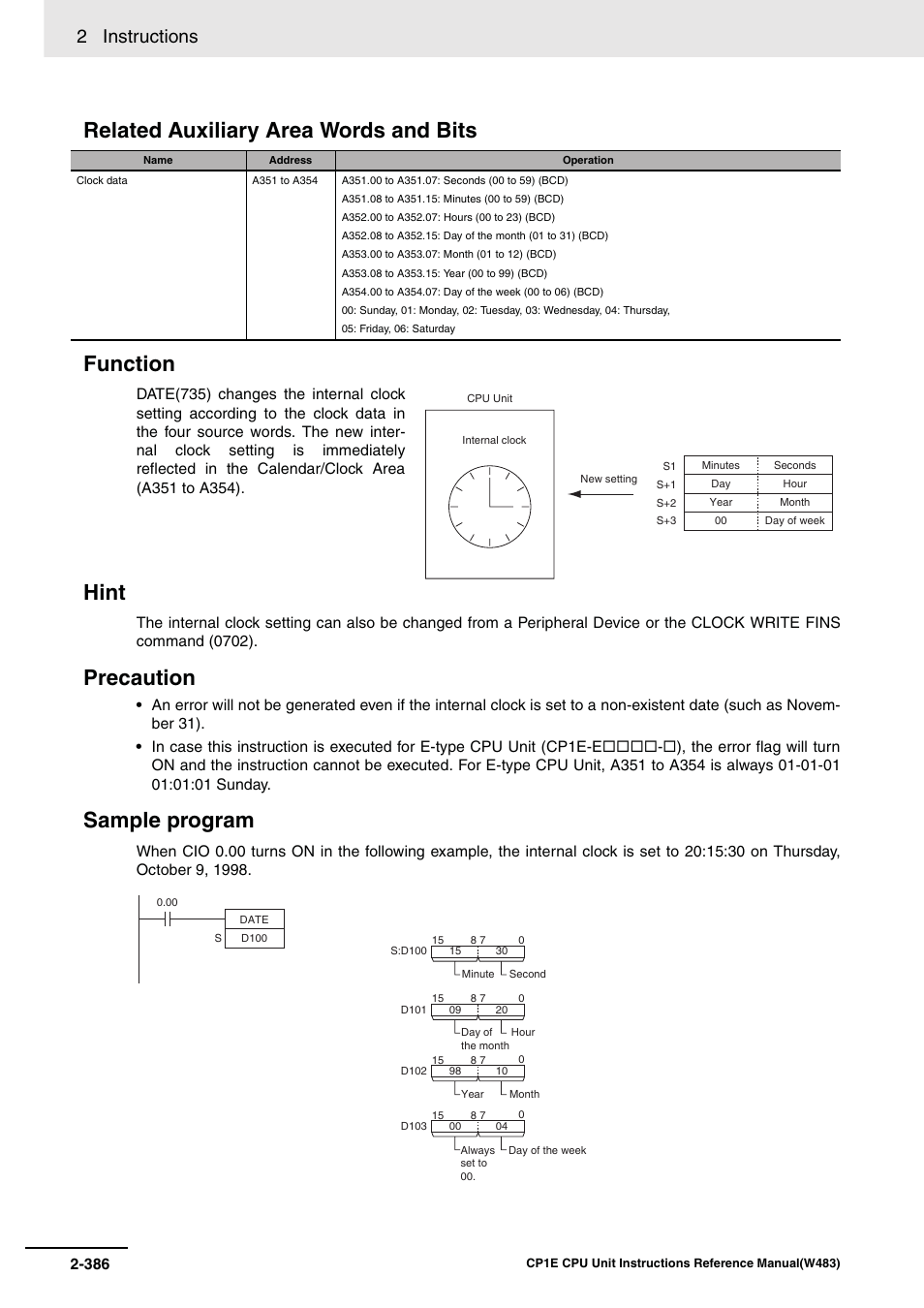 Related auxiliary area words and bits function, Hint, Precaution | Sample program, 2 instructions | Omron SYSMAC CP CP1E-N@@D@-@ User Manual | Page 422 / 467